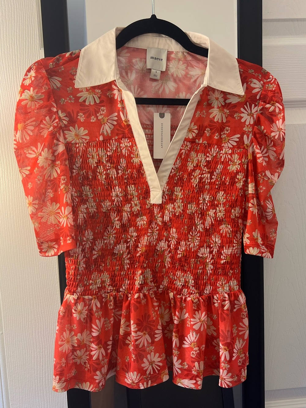 Maeve Red Floral Smocked & Collared Peplum Top